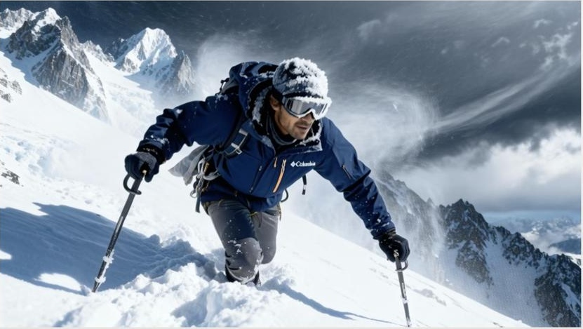 Alpinist climbing a snow-covered mountain — human vision, determination, and perseverance