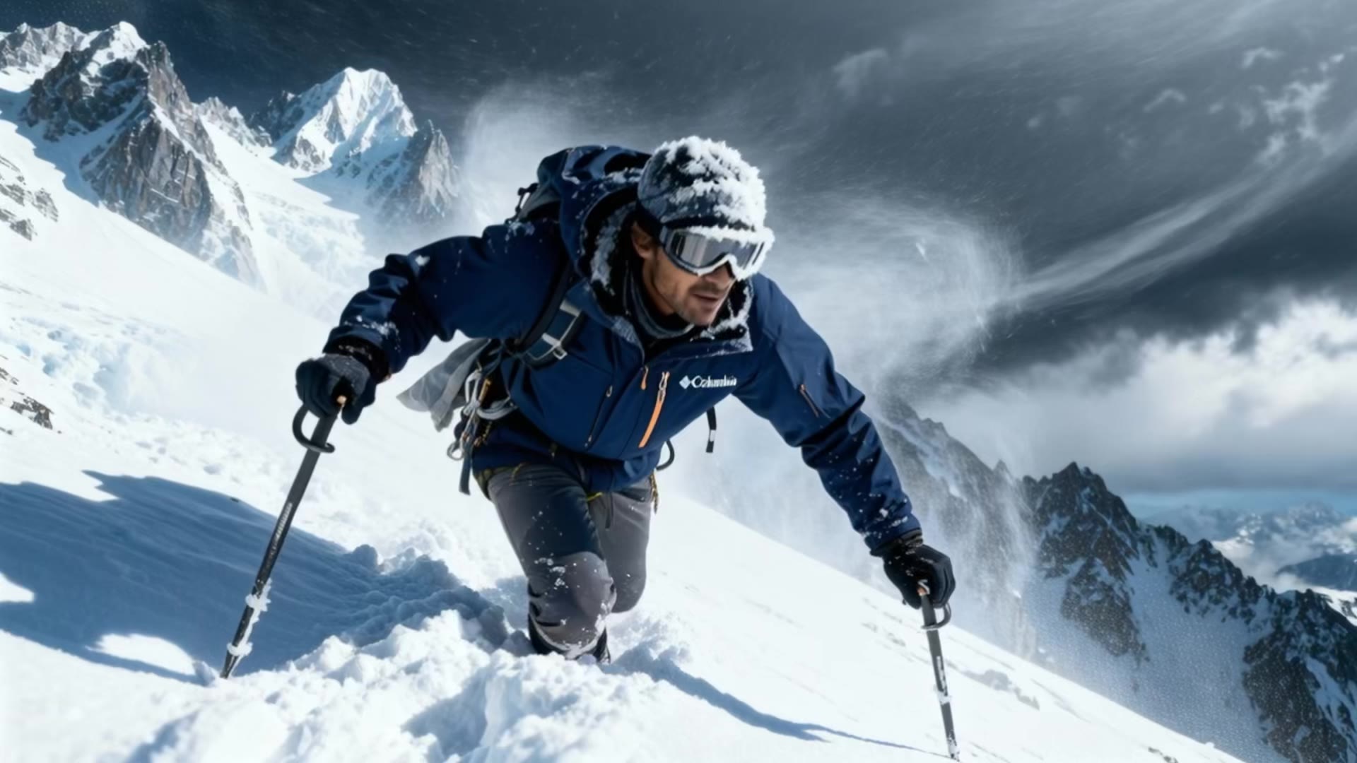 Alpinist climbing a snow-covered mountain — human vision, determination, and perseverance